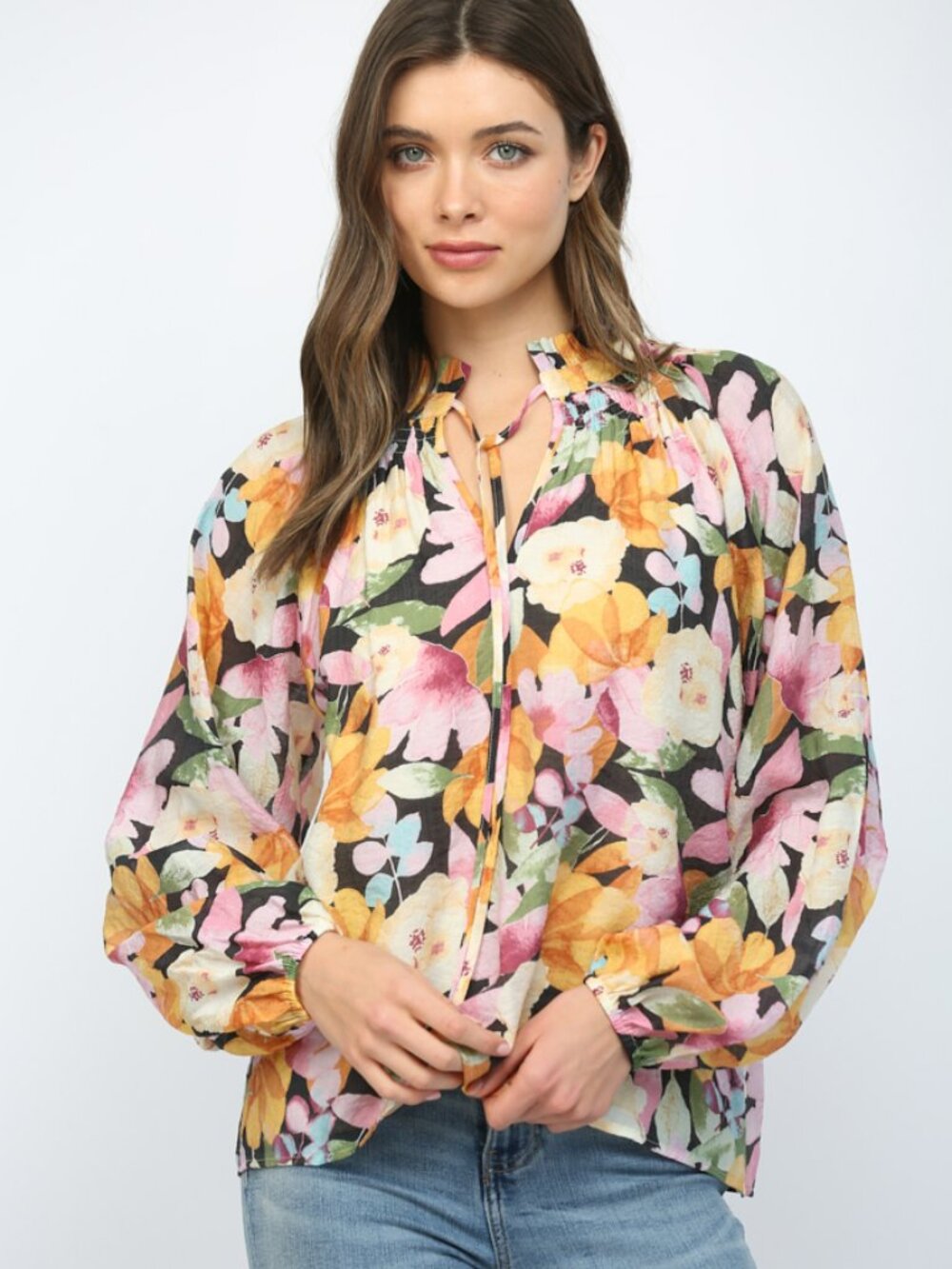 NWT Fate Bold Floral Ruffled High Neck Blouse In Black Multi